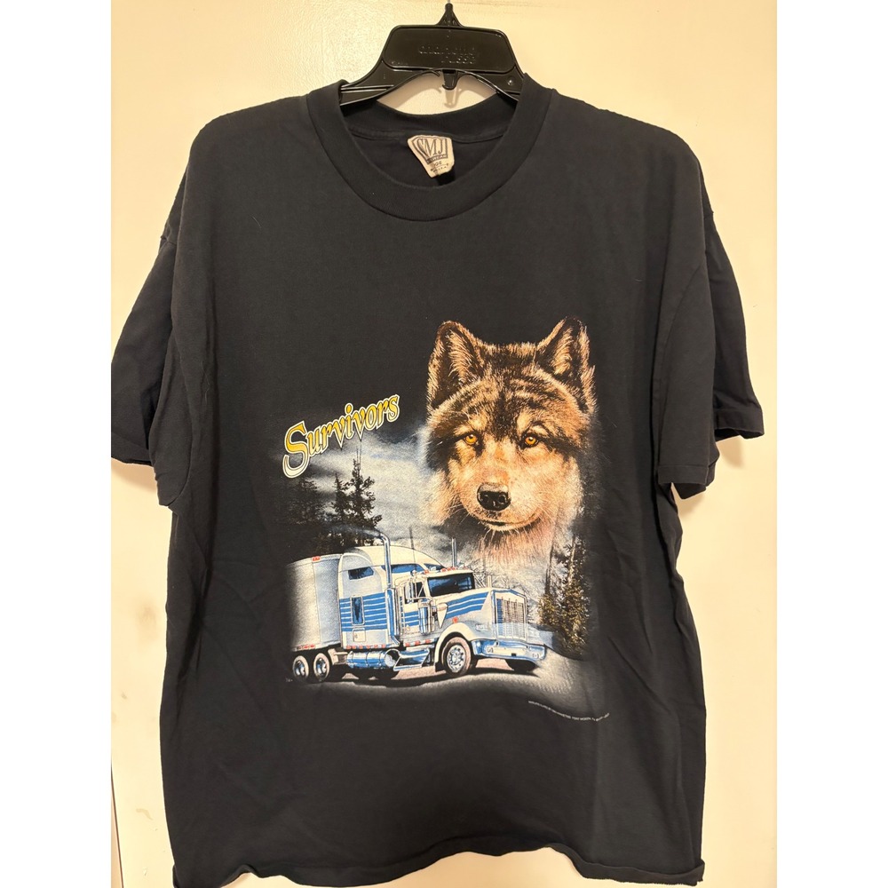 Vintage CMJ Survivors Wolf Semi Truck Graphic Tee Black XL Made in USA